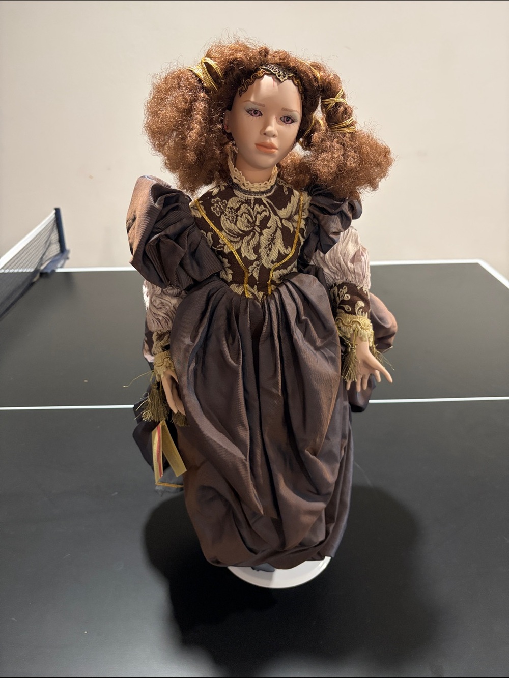 Porcelain Collectible Doll in Brown Vintage Gown with Auburn Curls